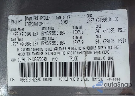 2003 Dodge Dakota z USA, uszkodzony, nr VIN 1D7HL12X13S323949